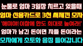 엄마3일장 치를때 엄마 카드로 3천쓴 모자'이참에 한도높여라'엄마가 남긴돈이면 지들 돈이라는 모자에게 대응징 들어갑니다 실화사연 사연낭독 드라마