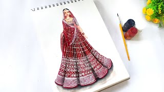 Bridal Lehenga illustration | how to draw heavy bridal lehenga | Asmita Art