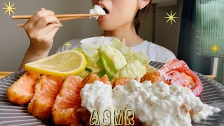 ジューシーサーモンレアカツ🧡🤍【咀嚼音/ASMR/Eating sounds】