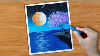 Oil Pastel  drawing for beginners / moon light night scenery #shorts