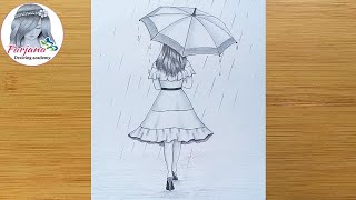 Easy way to draw a girl with umbrella || A rainy day pencil sketch || bir kız nasıl çizilir