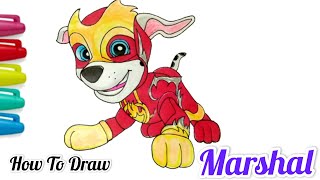 How To Draw + Color Marshall The Mighty Pup / Mighty Marshal From Paw Patrol Easy Step by  Step