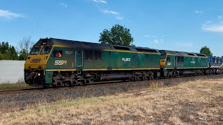 Scone: Southern Shorthaul locos RL301, RL306, & NRE 1201 southbound through Scone 8/2/25 @9.37am.