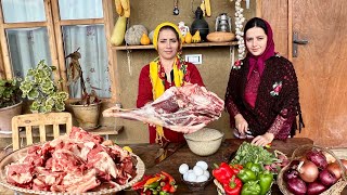 Cooking Lamb Leg Stew with Saffron Rice and Shirazi Salad in the Village