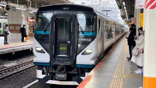 E257系2000番台ｵｵNA-12編成が特急踊り子10号東京行きとして横浜駅7番線に到着停車するシーン（3030M）2024.3.7.15:25