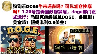 狗狗币DOGE牛市还在吗？可以加仓抄底吗？1.20号是美国政府换届，doge部门正式运行！马斯克继续喊单DOGE，会涨到1美金吗？短线涨到0.6美金#DOGE币#马斯克狗狗币#DOGE行情分析