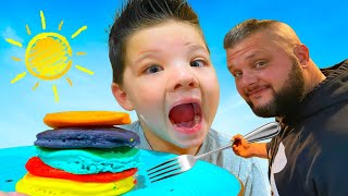 CALEB MORNING ROUTINE for KIDS! ☀️ Making RAINBOW PANCAKES with DAD!