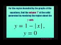 Find volume of solid generated by revolving the region about y axis for y = 1- |x| and y = 0.