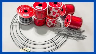 EASY RIBBON WREATH DIY || Valentine Wreath Tutorial || Dollar Tree Wreath