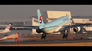 ✈✈最大瞬間風速10ｍ 横風着陸 着地後大きくバウンド(Korean Air) wind shear Crosswind landing at Narita Airport.RWY16R