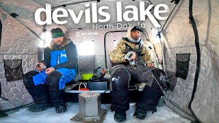 Devils Lake Ice Fishing 4 ft of Water! (72 Hour Fishing/ Road Trip)