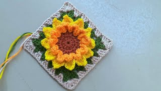 How to learn crochet sunflower motif granny square / Crochet 3D pattern sunflower