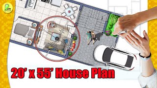 20×55 house plan with car parking, 20 by 55 home plan, 20*55 house design, #instyle #floorplan