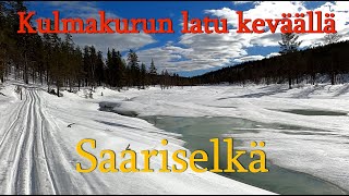 Saariselkä Kulmakurun latutilanne keväällä 19.4.2022.  Vettä Tolosjoen jäällä.