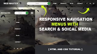 Transparent responsive navigation menus with search box and social media