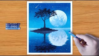 Beautiful Night Scenery / Oil Pastel Drawing - Easy Moonlight Scenery Drawing Step by Step