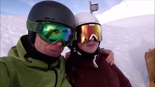 Dad and daughter skiing at Klostertal, Sonnenkopf, Tirol, Austria