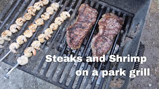 Cooking Steak and Shrimp on a Park Grill