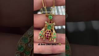 4.14tcw Emerald, Ruby, diamond Estate Bee Bug Vintage 14k Gold Necklace 1980s