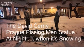 David Cerny Prague Pissing Men statue at night in the snow