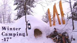OVERNIGHT in a SNOW CAVE (quinzee, igloo, snowdrift) during a SNOWSTORM. Winter camping -17 ASMR