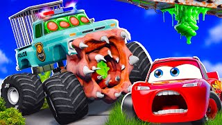 Big \u0026 Small:McQueen and Mater VS POLICE monster truck ZOMBIE slime cars Apocalypse in BeamNG.drive