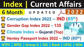 Index Current Affairs 2022 | 6 Months 2022 | India's Rank In Various Indexes | Current Affairs 2022
