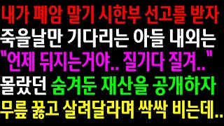 (실화사연)내가 폐암 말기 시한부 선고를 받자 죽을날만 기다리는 아들 내외는 몰랐던 숨겨둔 재산을 공개하자 무릎 꿇고 살려달라며 싹싹 비는데..[신청사연][사이다썰][사연라디오]