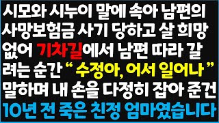 (신청사연) 시모와 시누의 말에 속아 남편의 사망보험금 사기 당하고 살 희망이 없어 기차길에서 남편한테 갈려는 순간 \