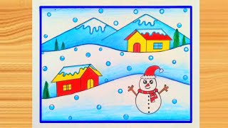 How to Draw Winter Season Scenery / Easy Winter Drawing Step by Step / How to Draw Snowfall Drawing