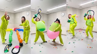 巨大風船を服の中で割れるまで膨らませたらどっちが早い!? 対決やってみた Giant Balloon Pop Race Challenge: Who Can Pop It Faster?! vol.3