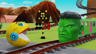 【踏切アニメ】あぶない電車 Ms PACMAN Vs 5 Train Crossing 🚦 Fumikiri 3D Railroad Crossing Animation