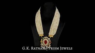 18K Gold and Diamond Polki Navratna Pendant Set With Pearls Bunches and Pearls