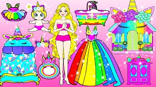 [🐾paper Diy🐾] Barbie Mother and Daughter Unicorn Rainbow New House DIY | Rapunzel Compilation 놀이 종이