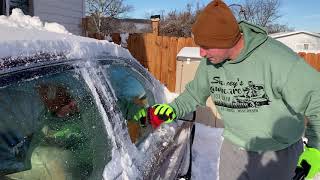 A circular cone style ice scraper in Wisconsin winter. Comparison vs regular ice scraper. Not funnel