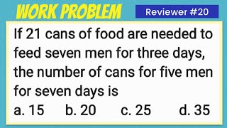 Work Problem: 21 cans, seven men for three days, number of cans for five men in 7 days