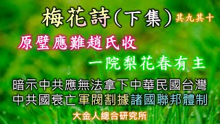 梅花詩(下集)第九章與第十章。綜合推背圖與馬前課諸預言比較相契合。推測：中共政權衰亡後，將會先進入地方割據亂世，多年之後新的一代，往多國聯邦體制邁進。預言暗示中共想收台灣？很難，辦不到。