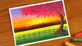 Oil Pastel Countryside Sunset Scenery for beginners | Oil Pastel Drawing
