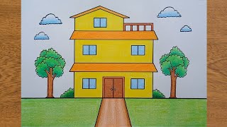 Drawing House | How to Draw a Level House | Step by step Very Easy | House Scenery Drawing