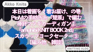 【編み物・雑談】着画２着おまとめドン！の巻　PtoMの手紡ぎ糸『楚原（チュー・ユアン）』で棒針マタギカーデを編む② amuhibiKNIT BOOK2ndよりスカラップヨークのセーターを編む③