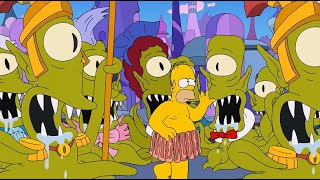 The Simpson Homer marches in front of a drooling alien creature.