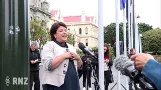 Paula Bennett addresses protesters in front of Parliament