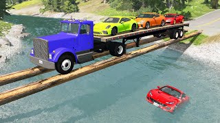 Log Bridge Trailer Tractor Car Rescue - Cars vs Deep Water - BeamNG.Drive #1030