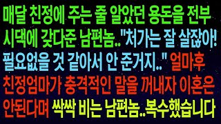 사연열차매달 친정에 주는 줄 알았던 용돈을 전부 시댁에 갖다준 남편  처가는 잘 살잖아! 얼마후 친정엄마가 충격적인 말을 꺼내자 이혼은 안된다며 싹싹 비는 남편  #실