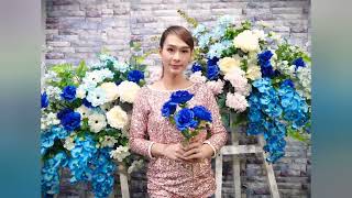 flower decoration จัดดอกไม้แบคดรอป ฉากงานแต่งงาน โทนขาว น้ำเงิน