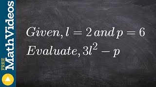 Evaluating an expression with two variables ex 2, (3l^2 - p); l = 2; p = 6