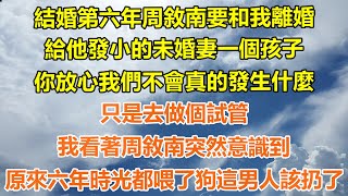 （完結爽文）結婚第六年周敘南要和我離婚，給他發小的未婚妻一個孩子，你放心我們不會真的發生什麼，只是去做個試管，我看著周敘南突然意識到，原來六年時光都喂了狗這男人該扔了！#幸福#出軌#家產#白月光#老人