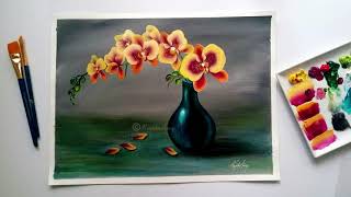 Step by Step acrylic painting on canvas for beginners | Orchid flower vase painting tutorial