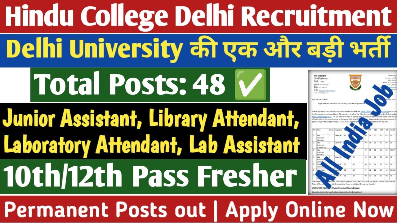 Hindu College Delhi University Recruitment 2024 | Permanent Non ...