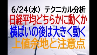 6/24（水）本日のテクニカル解説　日経平均の保ち合いはどちらかにブレイクするか　ボリンジャーバンド収縮と大きな三角保ち合い　週足による上値余地　トレンド持続の注意点他